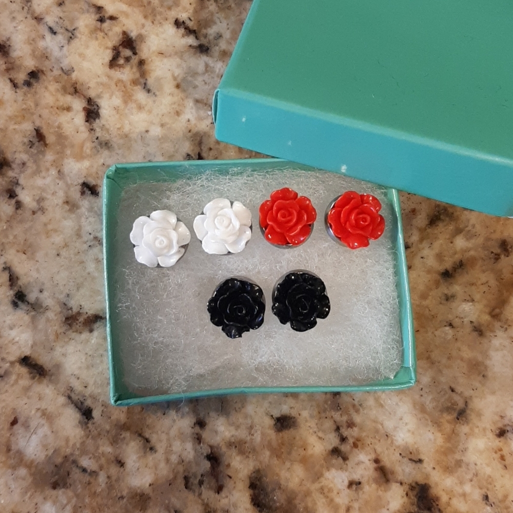 🦋 Floral Stud Earrings Set in Red, White, and Black